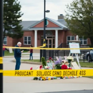 Memorial and police presence at the scene of a shooting in San Antonio.