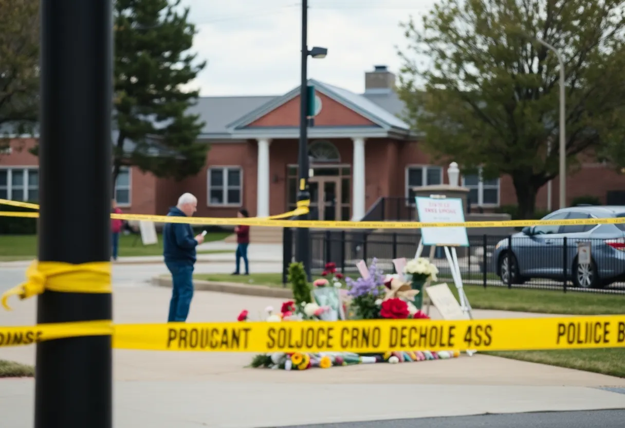 Memorial and police presence at the scene of a shooting in San Antonio.