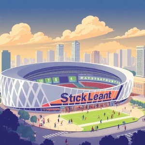 Conceptual image of the new San Antonio Spurs arena in a vibrant downtown setting