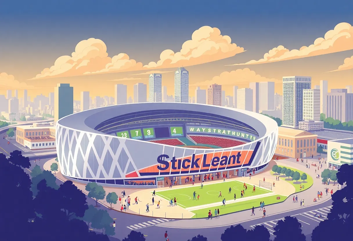 Conceptual image of the new San Antonio Spurs arena in a vibrant downtown setting