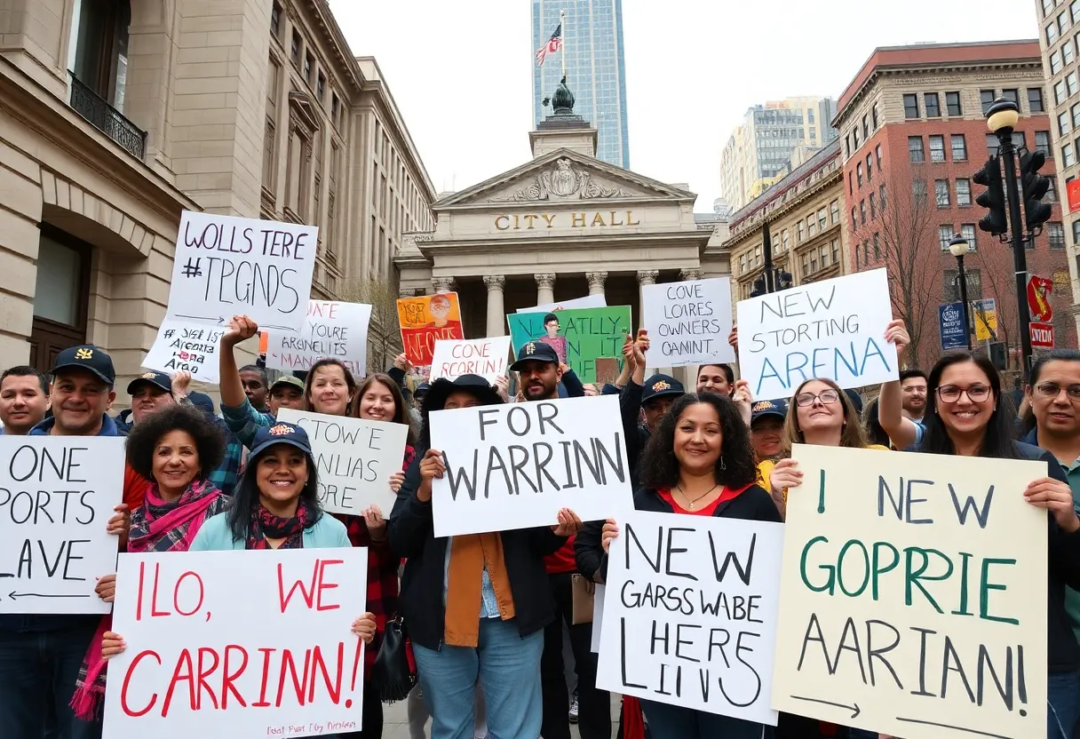 Rally supporting the San Antonio Spurs arena proposal with local business leaders and community members.