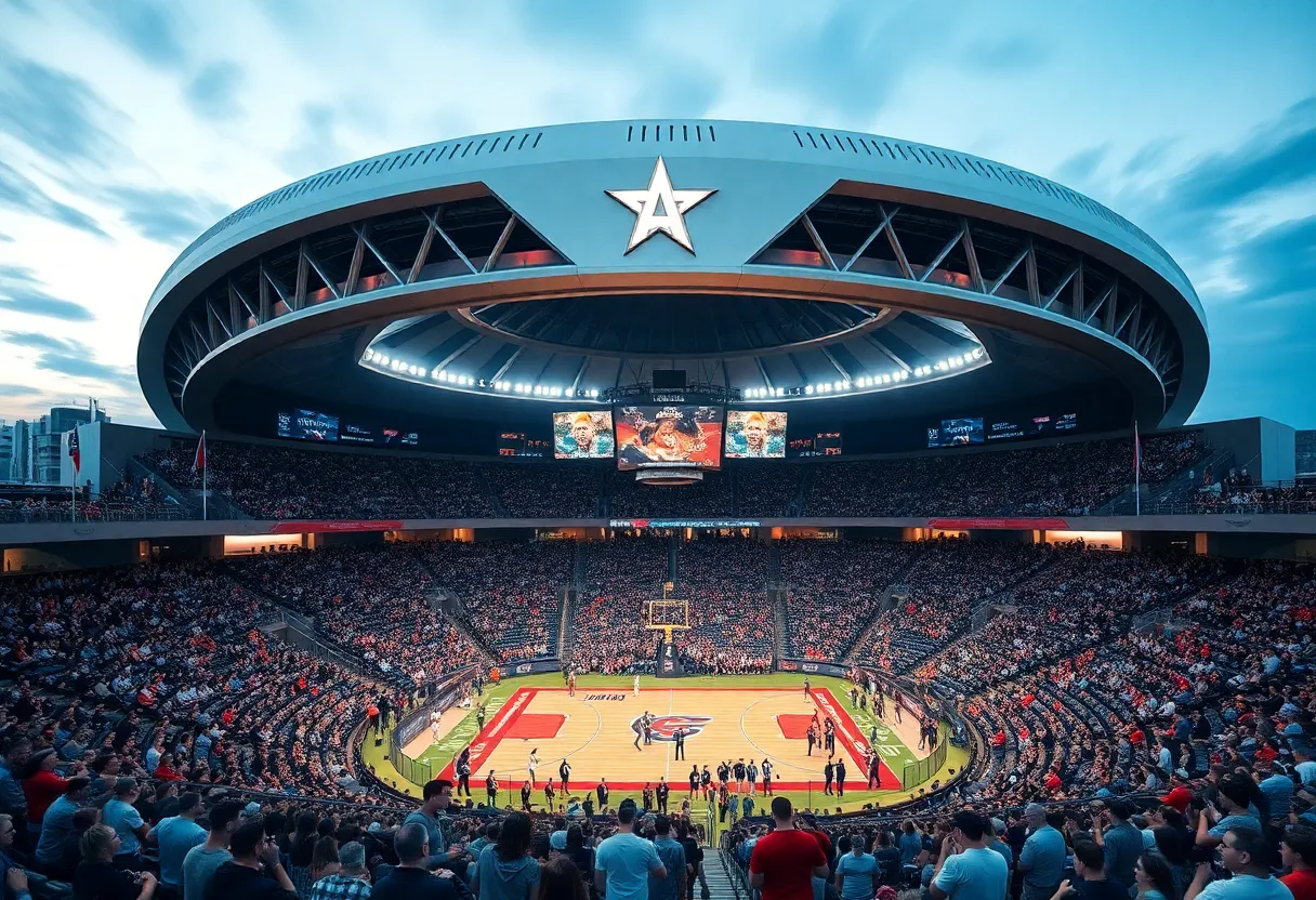 Conceptual design of a new sports arena in San Antonio, featuring modern architecture and community spaces.