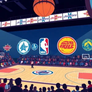 Illustration of a basketball court representing NBA trades and team strategies.
