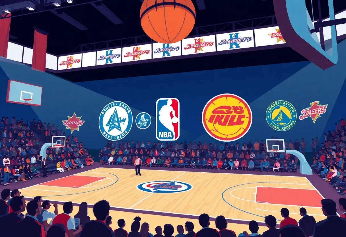 Illustration of a basketball court representing NBA trades and team strategies.