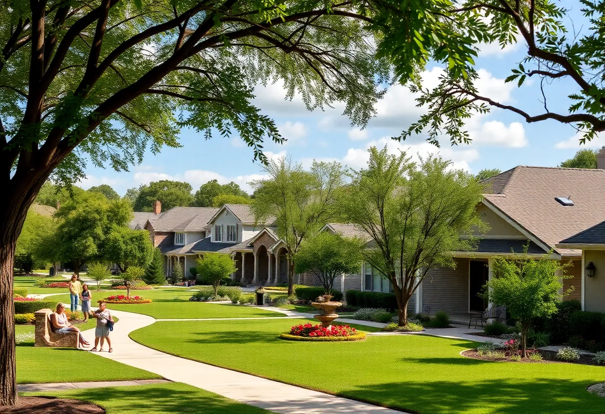 Suburban homes in San Antonio with gardens and families