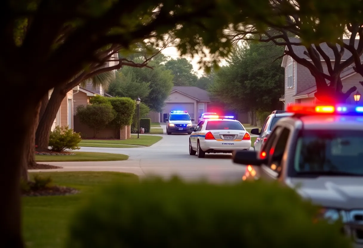 Police cars in a residential driveway in San Antonio, Texas