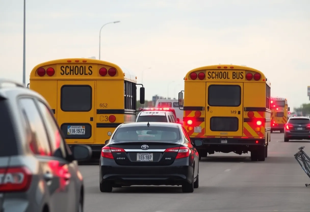 Emergency responders at the scene of a school bus collision on U.S. Highway 281 in San Antonio.