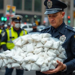 Police officers examining seized methamphetamine during a drug trafficking investigation.