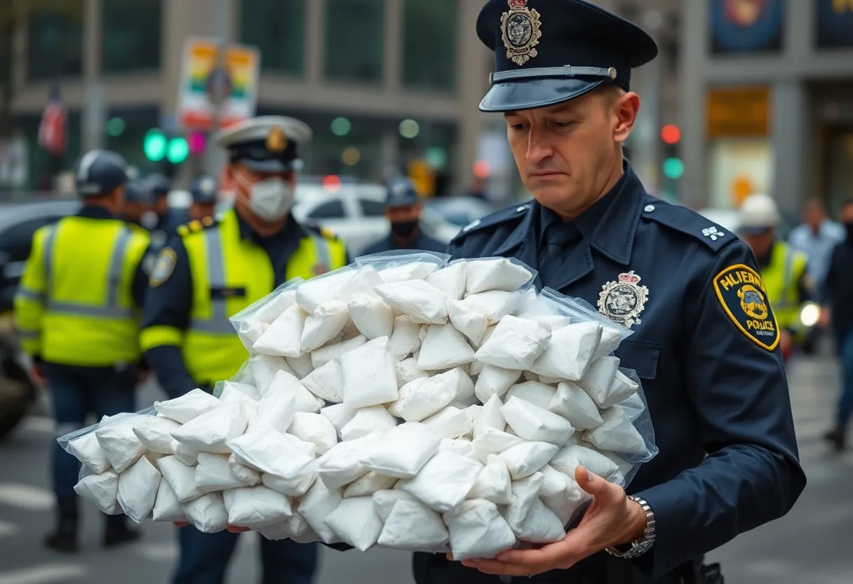 Police officers examining seized methamphetamine during a drug trafficking investigation.