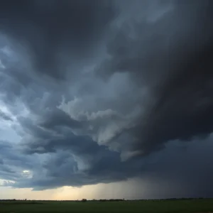 Dark storm clouds over Texas land, indicating severe weather conditions.