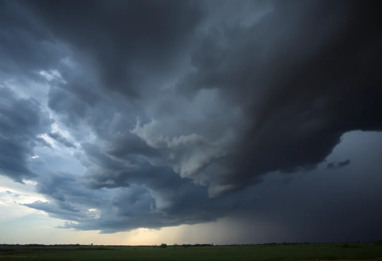 Dark storm clouds over Texas land, indicating severe weather conditions.