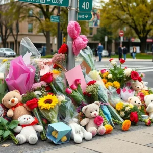 A memorial of flowers and stuffed animals at the site of a tragic event in San Antonio.
