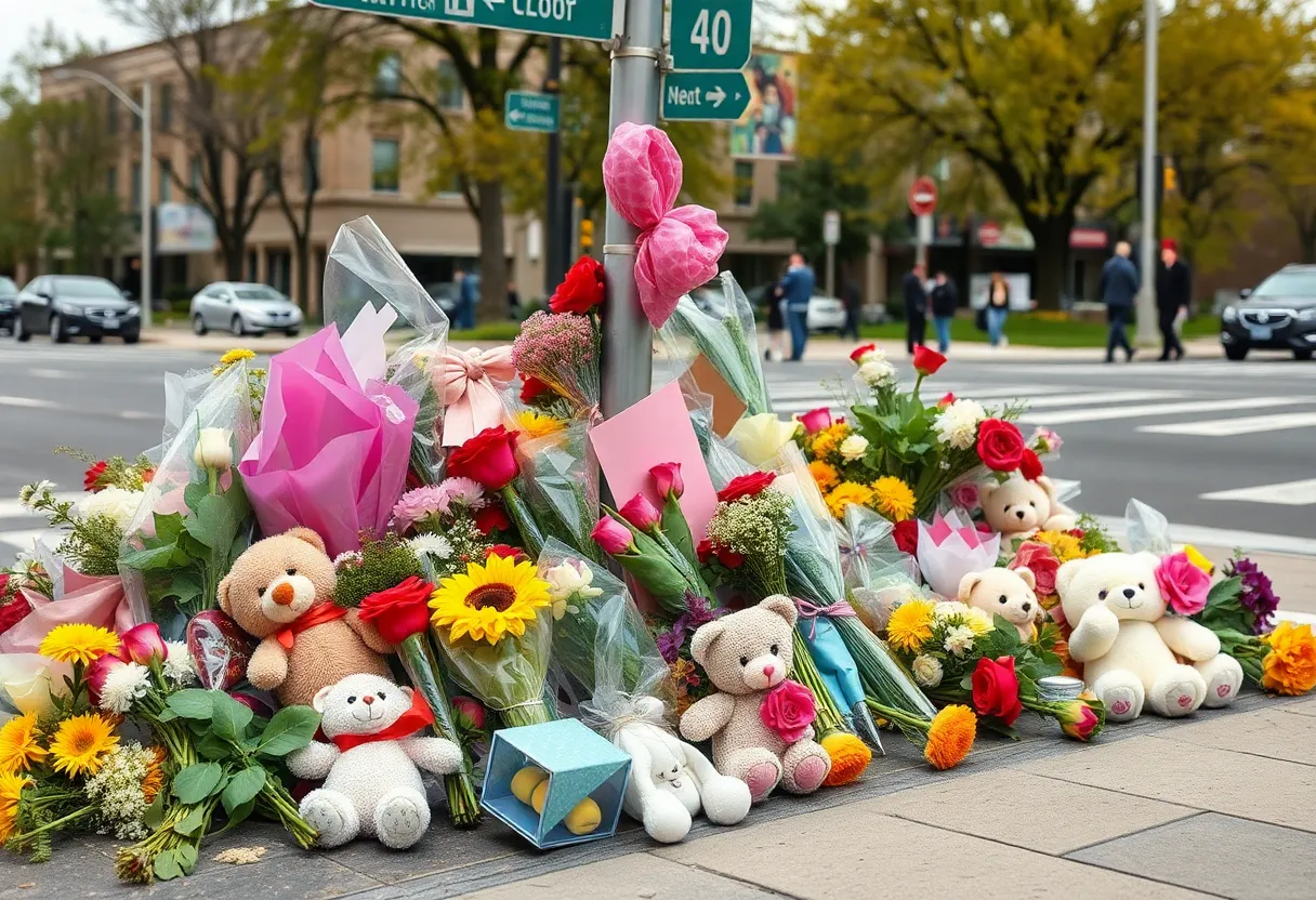 A memorial of flowers and stuffed animals at the site of a tragic event in San Antonio.