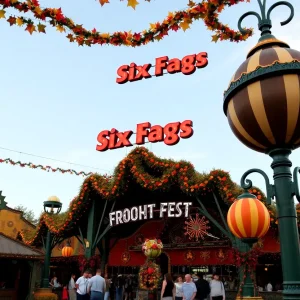 Festive decorations for Fright Fest and Oktoberfest at Six Flags Fiesta Texas