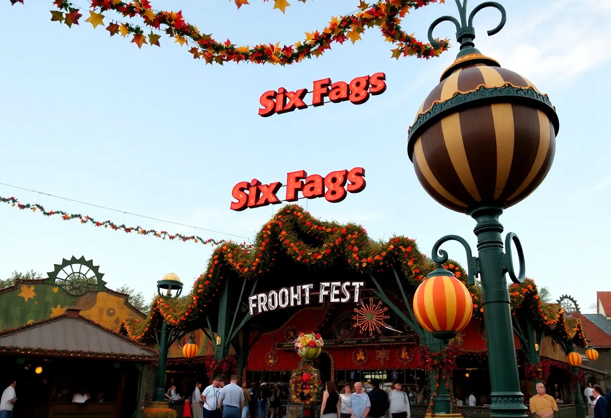 Festive decorations for Fright Fest and Oktoberfest at Six Flags Fiesta Texas