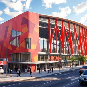 Architectural rendering of the San Antonio Spurs Arena welcome sign and surrounding area.