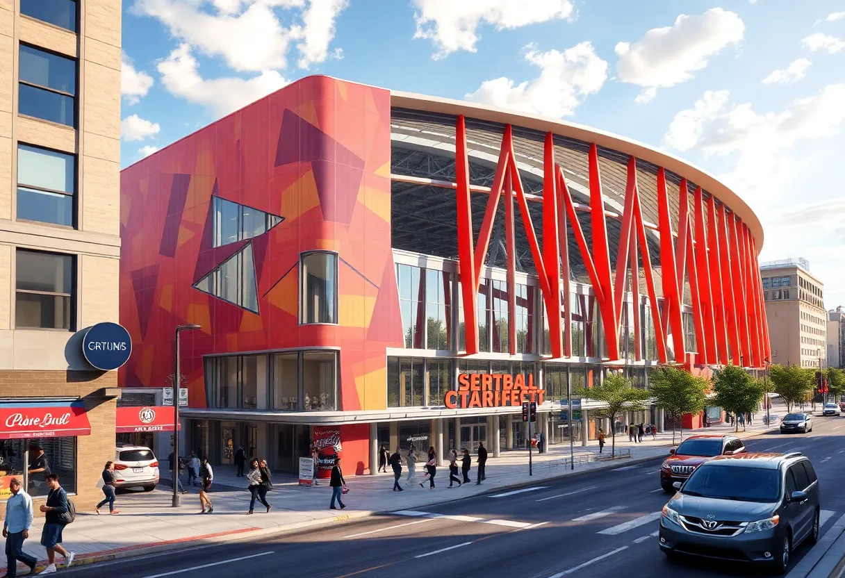 Architectural rendering of the San Antonio Spurs Arena welcome sign and surrounding area.