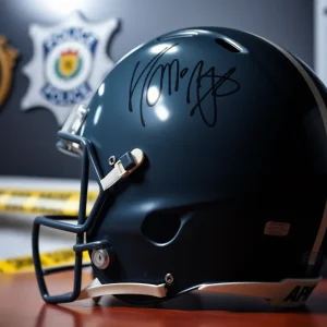 Image of a game-worn football helmet with team signatures displayed in a police evidence room.