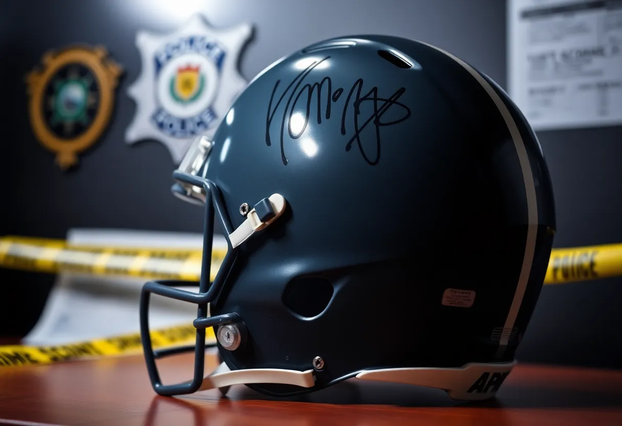 Image of a game-worn football helmet with team signatures displayed in a police evidence room.