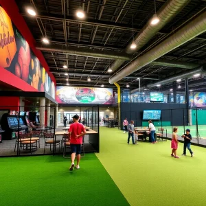 Interior of Taroko Sports San Antonio featuring arcade games and batting cages.