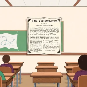 Classroom displaying a Ten Commandments poster