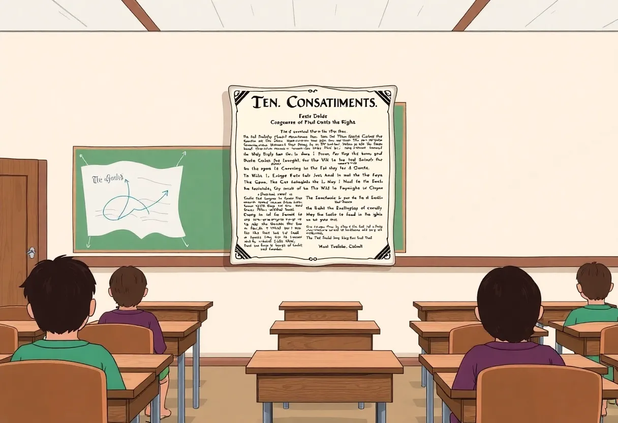 Classroom displaying a Ten Commandments poster