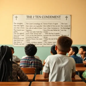 Display of the Ten Commandments in a school classroom with students present.