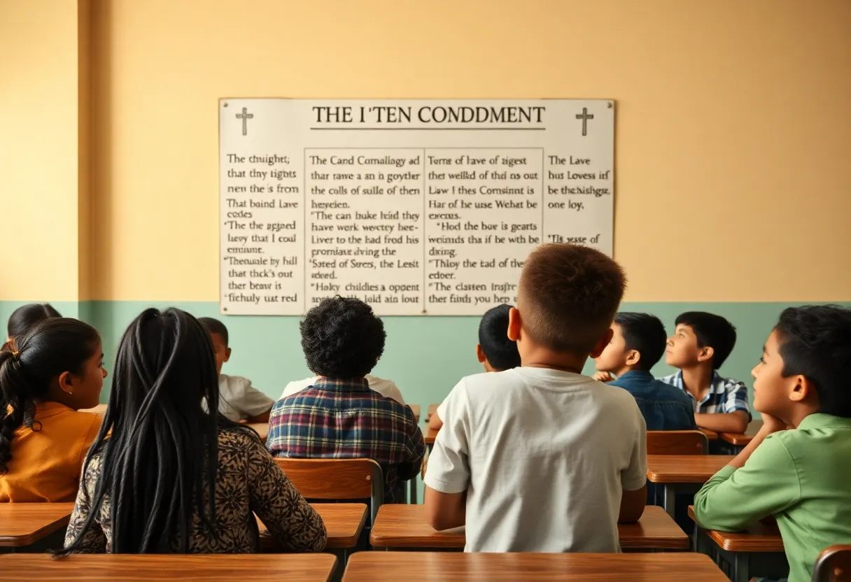 Display of the Ten Commandments in a school classroom with students present.
