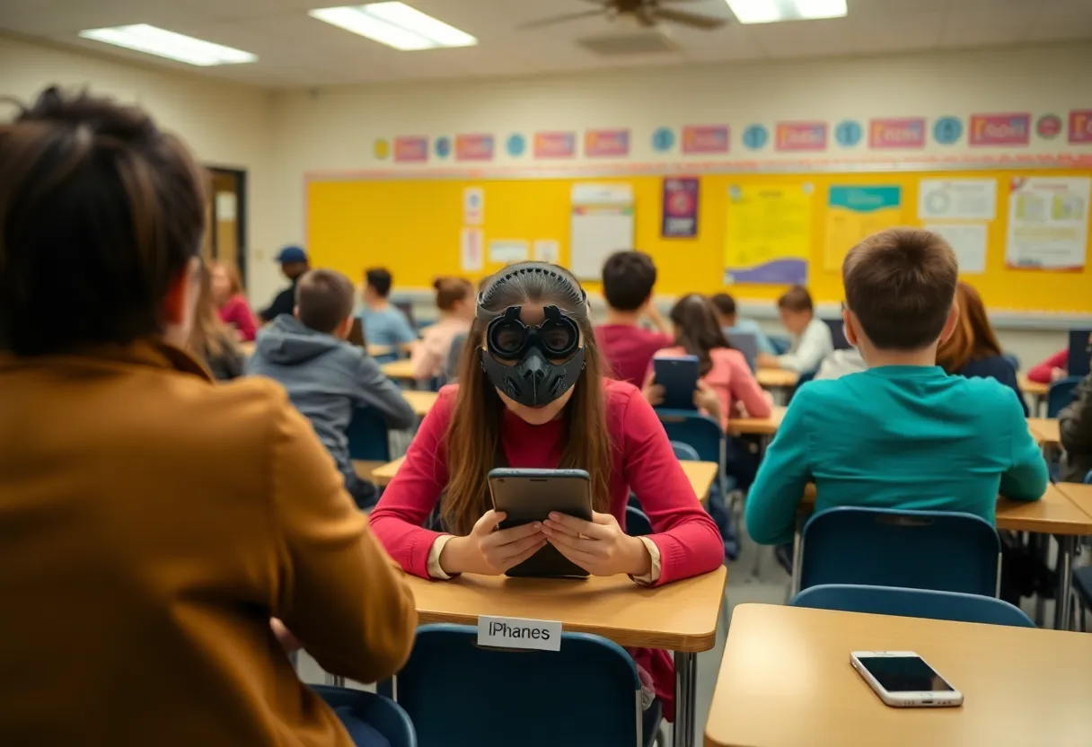 Students in classroom without mobile devices
