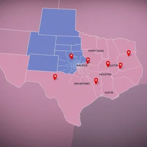 Illustration of the Texas Congressional Redistricting Map highlighting urban changes