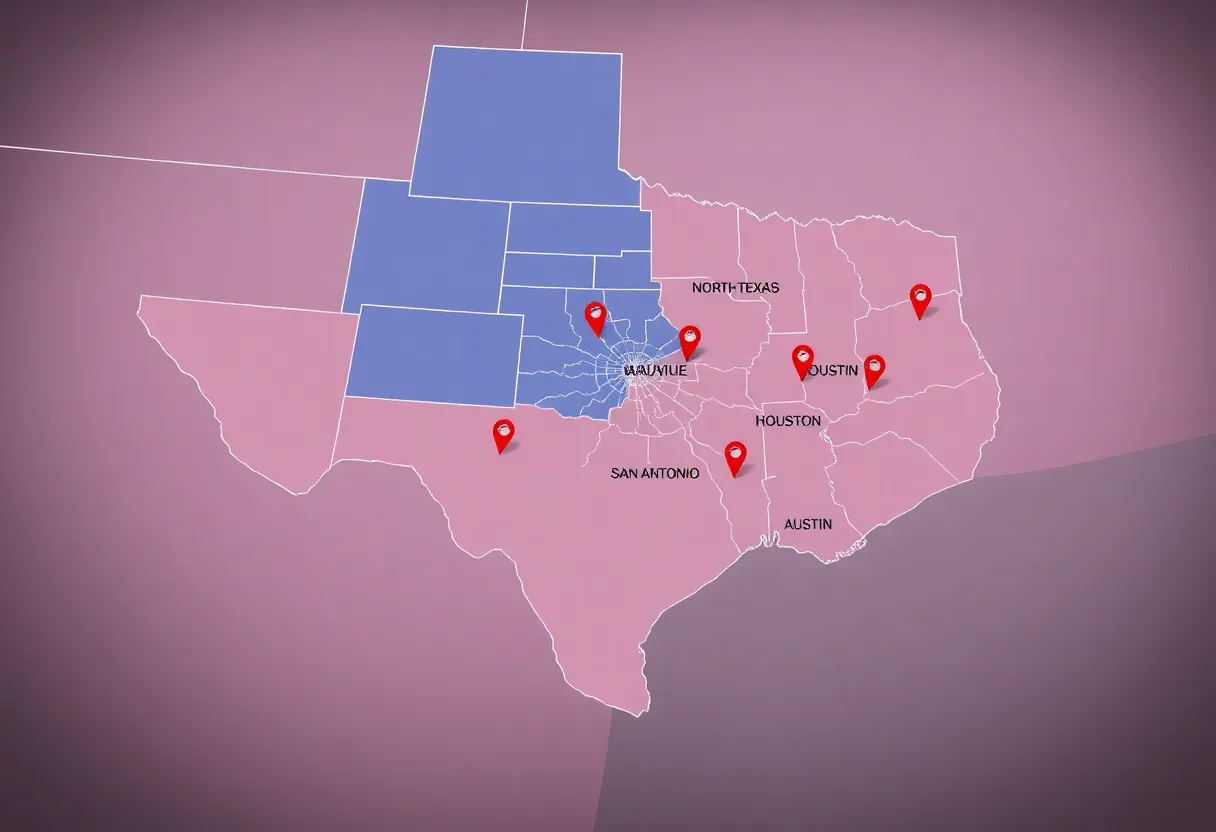 Illustration of the Texas Congressional Redistricting Map highlighting urban changes