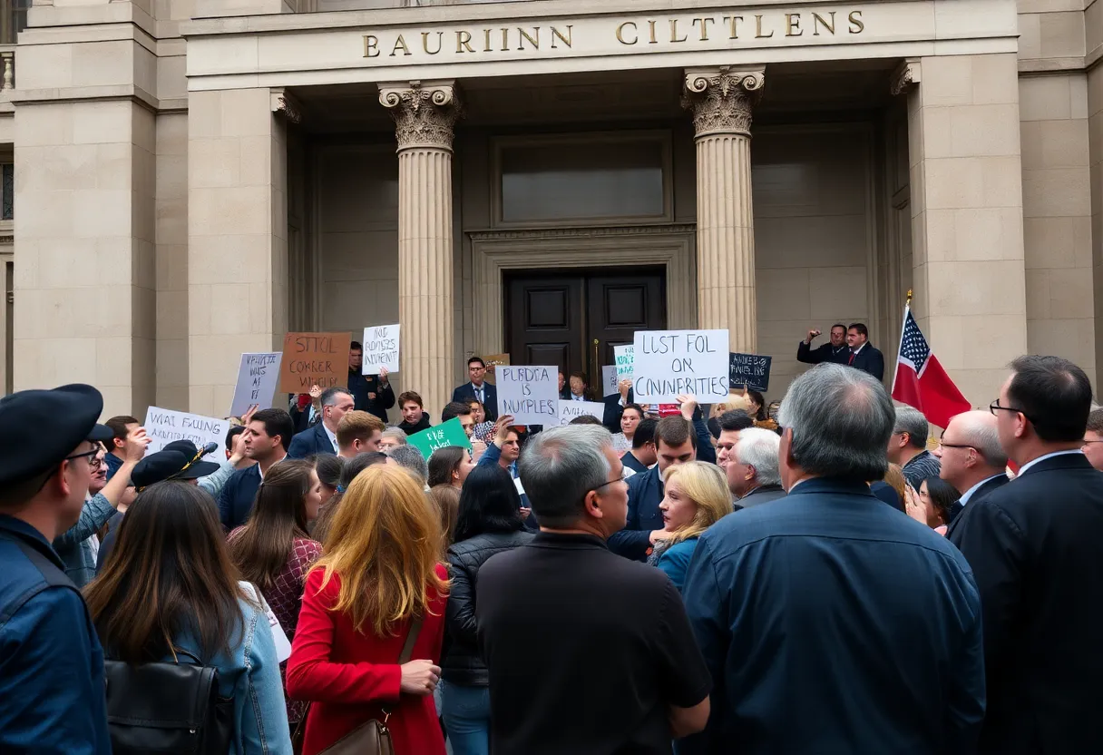 Democratic lawmakers and supporters rally outside a Texas legislative building amid political tensions.
