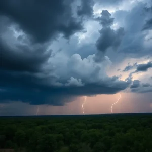 Dark clouds over Texas landscape depicting rain and thunderstorms