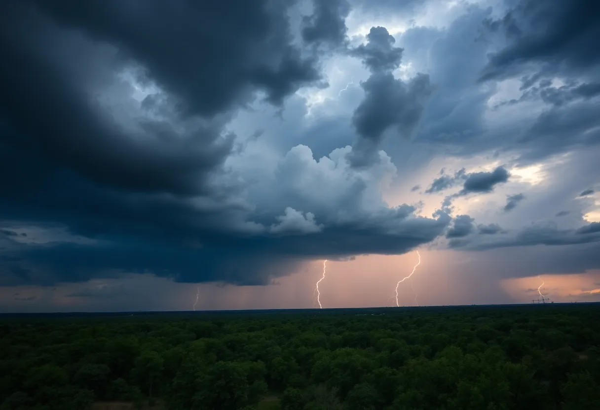 Dark clouds over Texas landscape depicting rain and thunderstorms