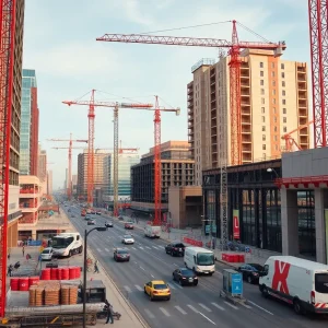 A vibrant construction site in Texas with cranes and workers developing new retail spaces.