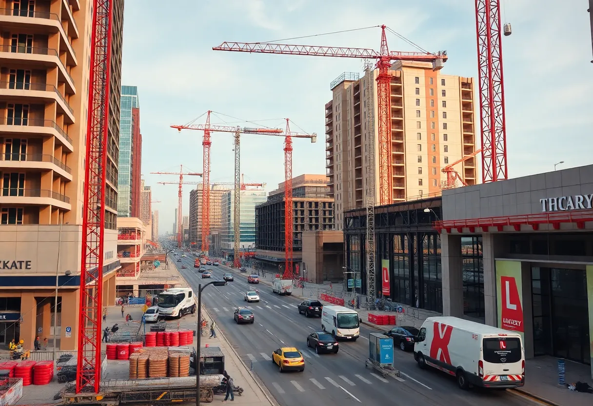 A vibrant construction site in Texas with cranes and workers developing new retail spaces.