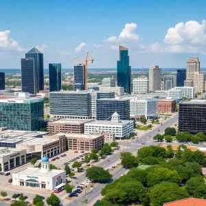 Active retail construction in Texas with cranes and new buildings