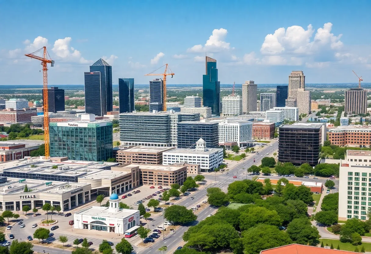 Active retail construction in Texas with cranes and new buildings