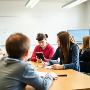 Students in a classroom engaged in learning without phones