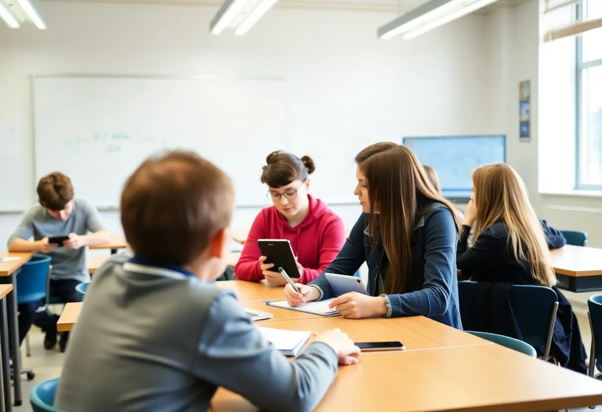 Students in a classroom engaged in learning without phones