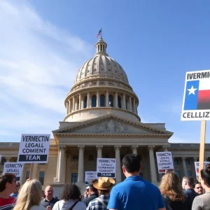 Texas Capitol with protest signs about ivermectin