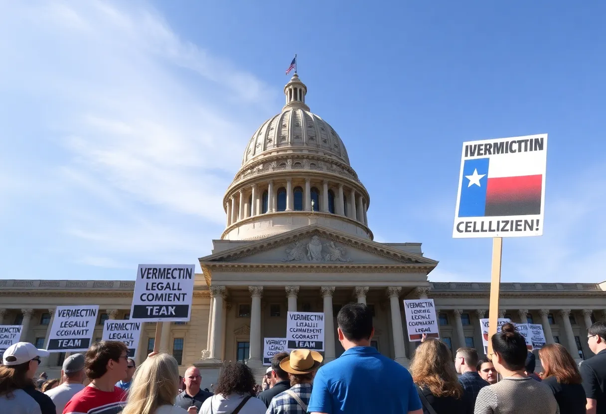 Texas Capitol with protest signs about ivermectin