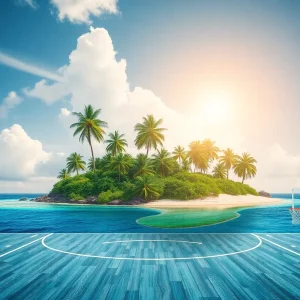 Artistic representation of a basketball court and tropical island landscape