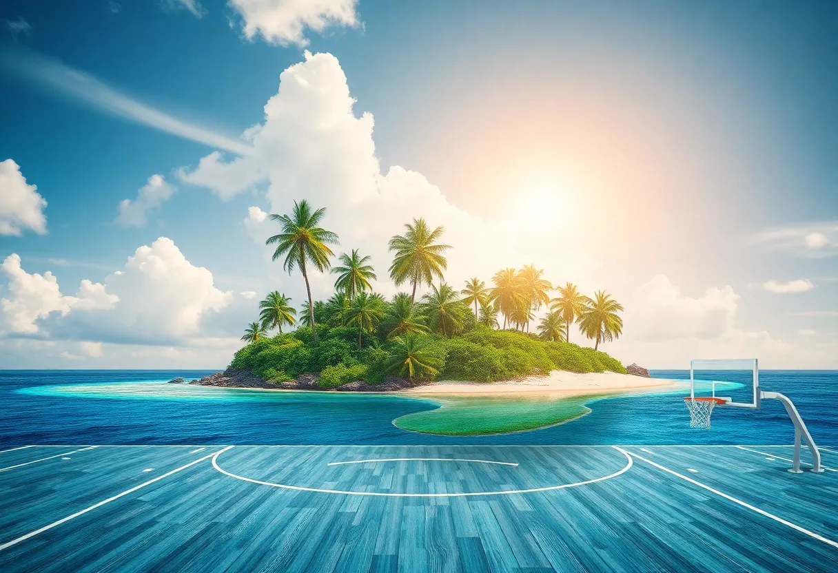 Artistic representation of a basketball court and tropical island landscape