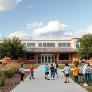 Outdoor view of a private K-12 school in San Antonio with students