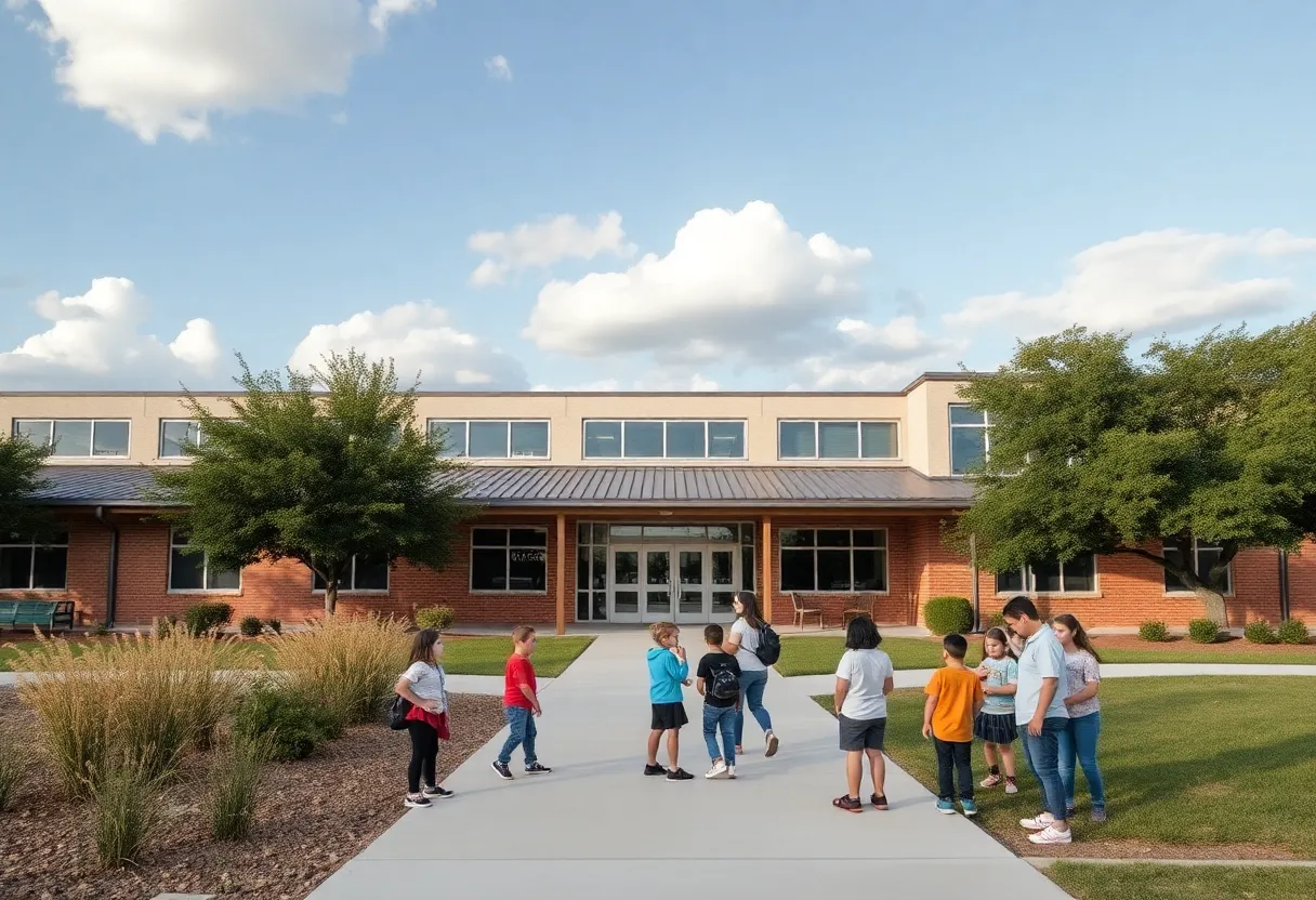 Outdoor view of a private K-12 school in San Antonio with students