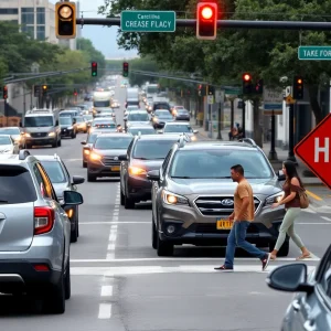 Urban street scene in San Antonio with traffic and pedestrians.
