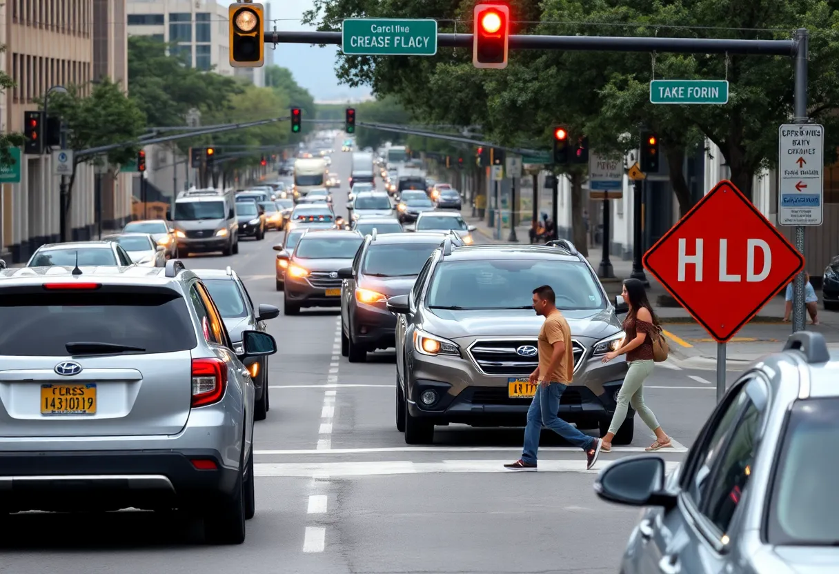 Urban street scene in San Antonio with traffic and pedestrians.