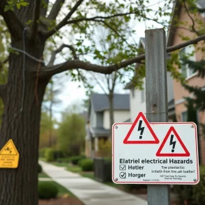 Tree trimming scene showing caution for electrical hazards in a neighborhood.