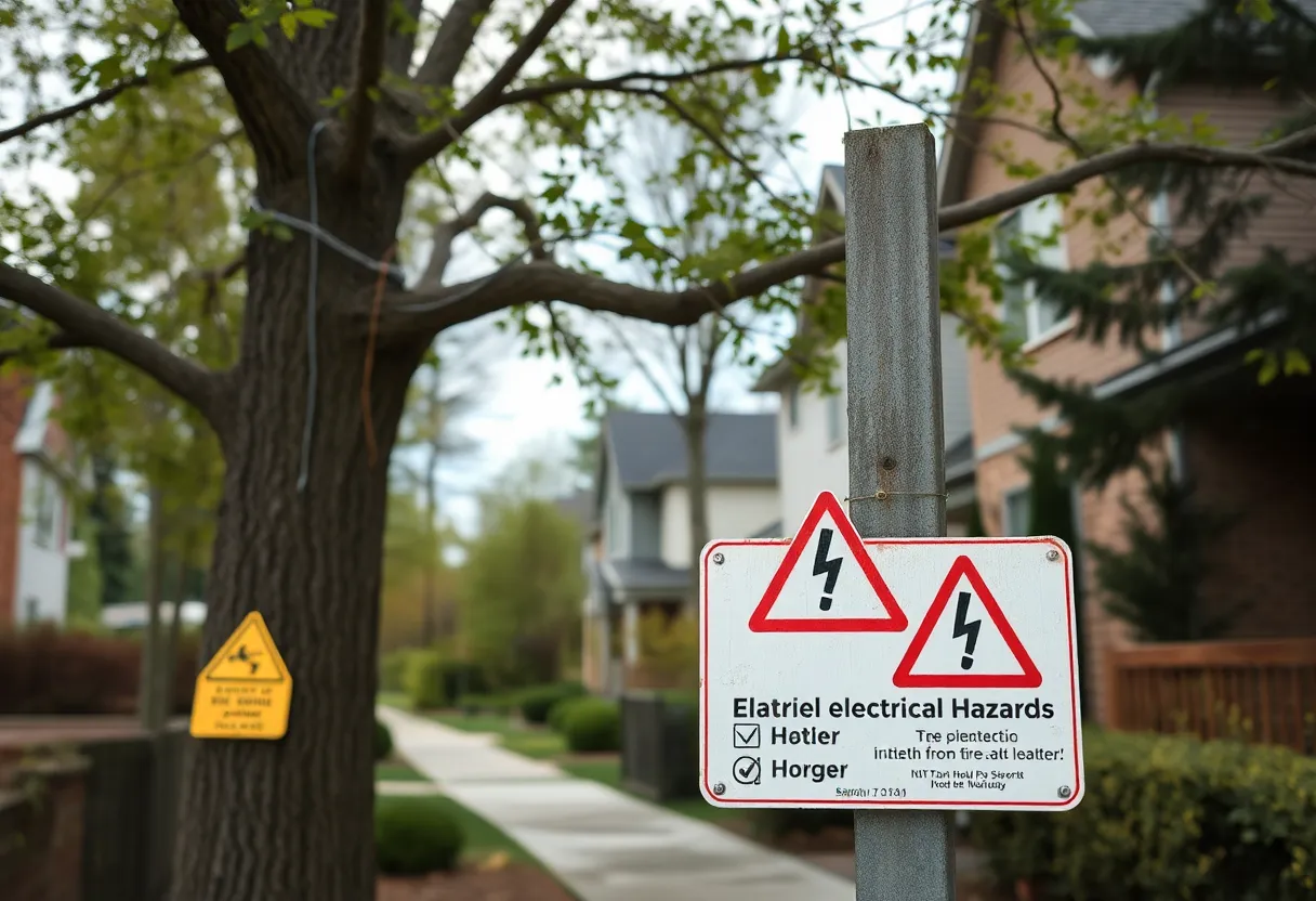 Tree trimming scene showing caution for electrical hazards in a neighborhood.
